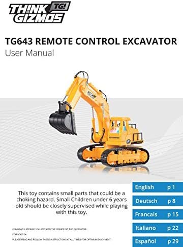 Remote Control Toy Excavator Construction Vehicle TG643 – 7 Channel Full Function RC Excavator Toy for Boys & Girls - with Lights & Sounds by Think Gizmos (Trademark Protected)