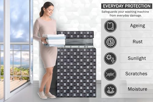 Image of Stylista PVC Washing Machine Cover Compatible for Whirlpool 7.5 KG Fully-Automatic Top Load 360 Degree Bloomwash Pro 7.5, Basketweave Pattern Grey