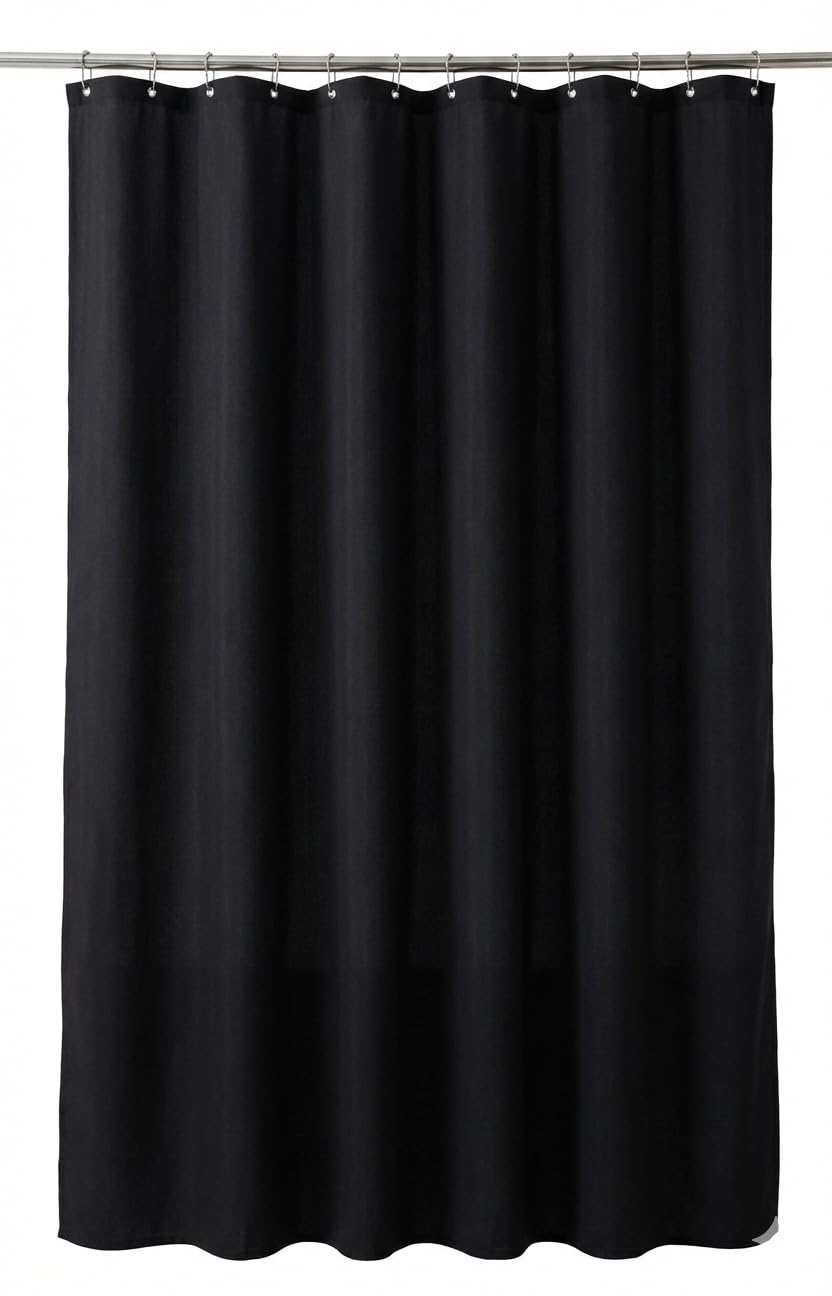 Kikzi® Luxury Hotel Quality Fabric Shower Curtain, Soft-Touch Woven Textile with 12 Hooks, Mould Proof & Water Repellent, 180x180cm, Machine Washable (Black)