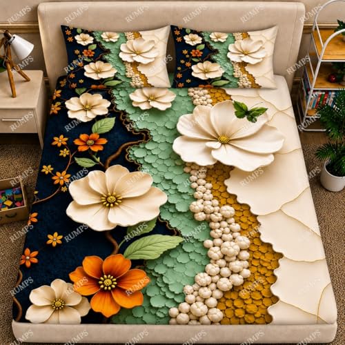 Image of RUMPS 7D Digital Floral Bedsheet with 2 Pillow Covers, King Size Flat Bedsheet 90x100 Inch, Designer Flower Printed Bedsheet