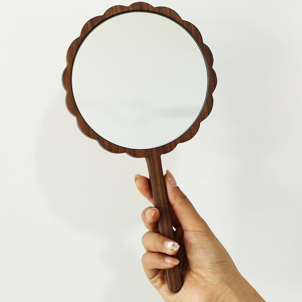 GMZ&KEHC Professional Premium Wooden Hand Mirror, Multi-Purpose Handheld Mirror for Men & Women,Cosmetic Salon Makeup Hand Mirror for Professional Barbers and Hairdressers,Brown