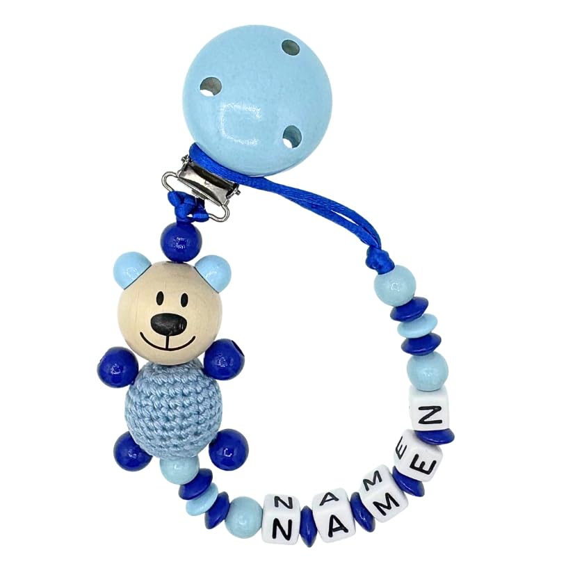 Set Nuckelkette + Kinderwagenkette mit Namen " 3D - BÄR MIT HÄKELKÖRPER " Babyblau Dunkelblau/Baby/Unisex/Personalisiert/HANDMADE