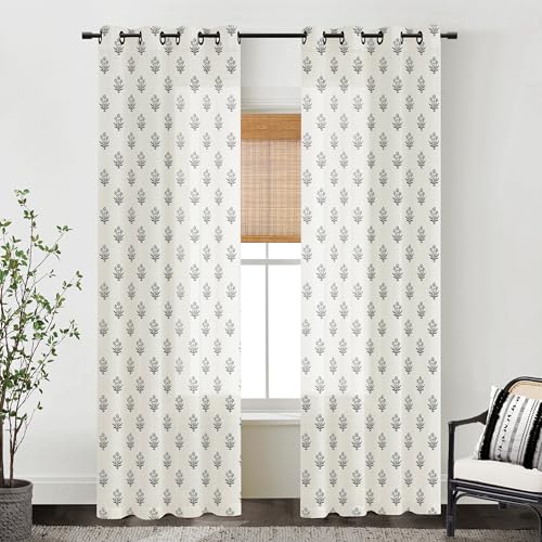 Cream and Black Boho Floral Curtains,Farmhouse Aztec Motif Print Charcoal