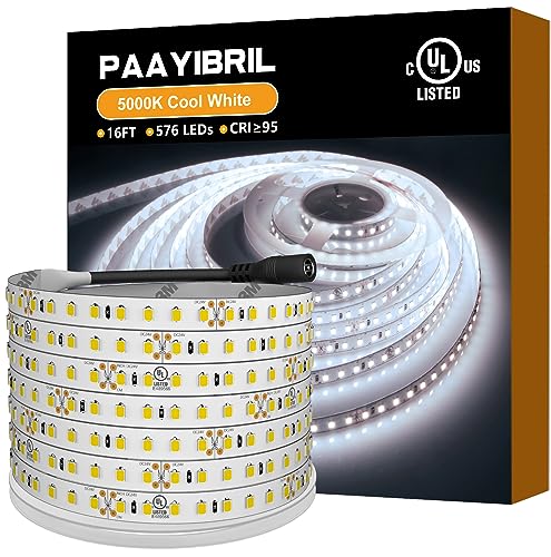 PAAYIBRIL Cool White LED Strip Lights 5000K,450LM/ft Ultra Bright,CRI 95+,UL-Listed,Premium High Density 2835,16ft,576 LEDs,24V DC LED Tape Lights for Room,Kitchen,Under Cabinet (No Power Supply) PAAYIBRIL Cool White LED Strip Lights 5000K,450LM/ft Ultra Bright,CRI 95+,UL-Listed,Premium High Density 2835,16ft,576 LEDs,24V DC LED Tape Lights for Room,Kitchen,Under Cabinet (No Power Supply)