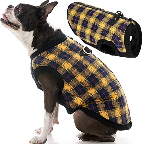 Image of Gooby Fashion Vest Check Dog Jacket, Yellow Check, Large | Checkered quilted bomber, water-resistant; Stretch knit bottom; Dual D-ring leash; Pain-free zipper guard