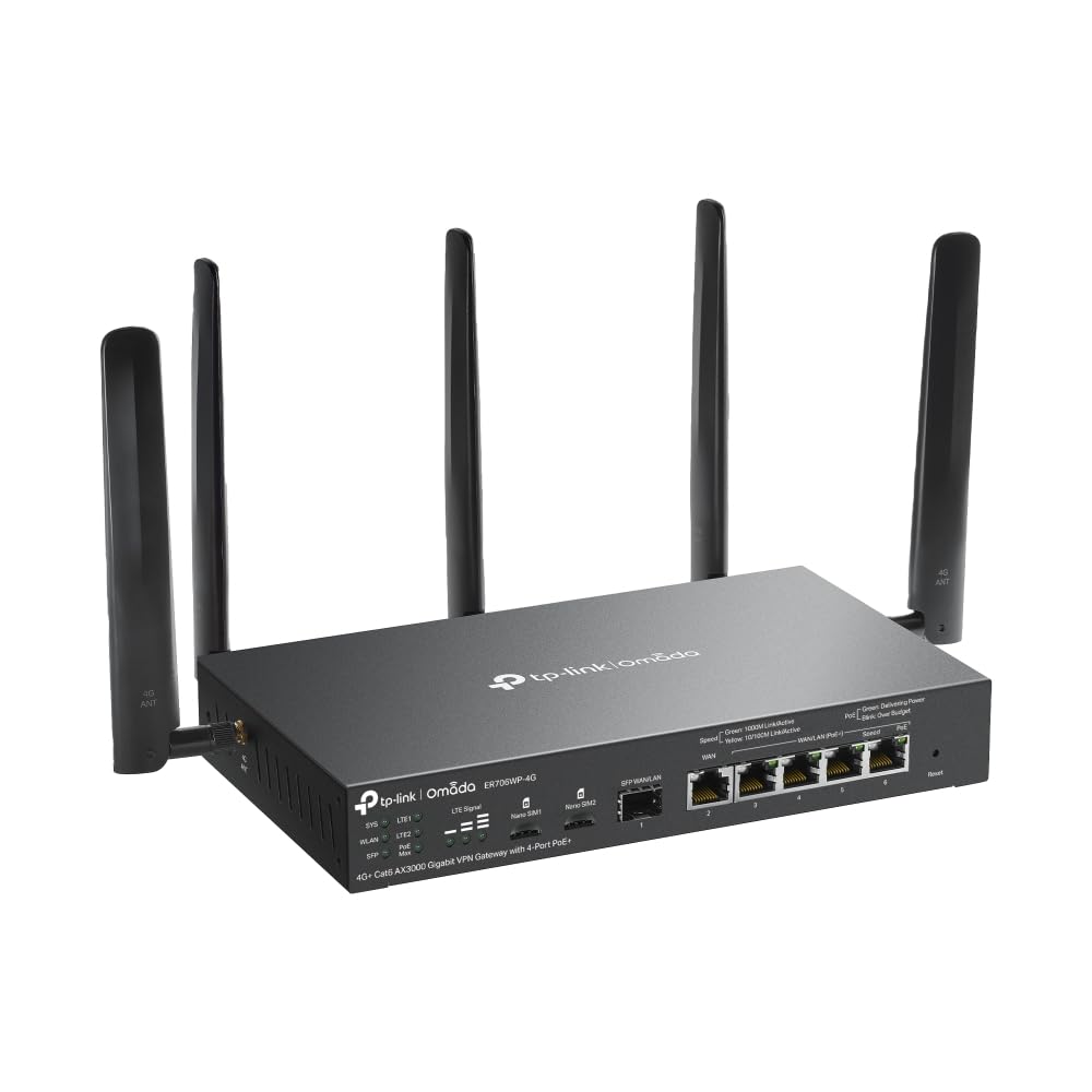 TP-Link ER706WP-4G AX3000 - Enrutador de Internet WiFi de 6 Gigabit, amplificador WiFi de doble banda, router WiFi de malla Omada, compatible con 4G+ Cat6, 5 puertos Gigabit Ethernet, VPN de alta