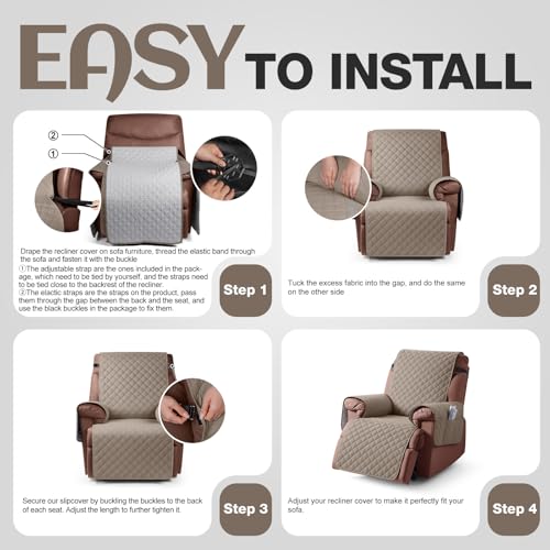 Image of KinCam 100% Waterproof Recliner Chair Cover, Reclining Couch Covers for Pets, Dogs, Recliner Couch Slipcover Furniture Protector with Elastic Straps for Kids(23.6 inch, Taupe)