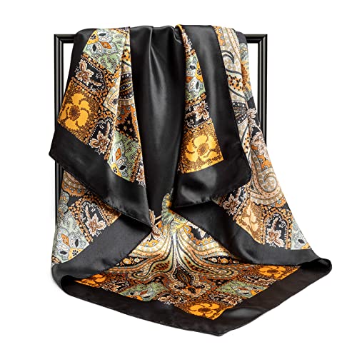 Image of DRESHOW 35 inch Large Square Satin Head Scarf - 4Pcs Silk Accessories Classic Patterned Squares Beach Bandanas for Women