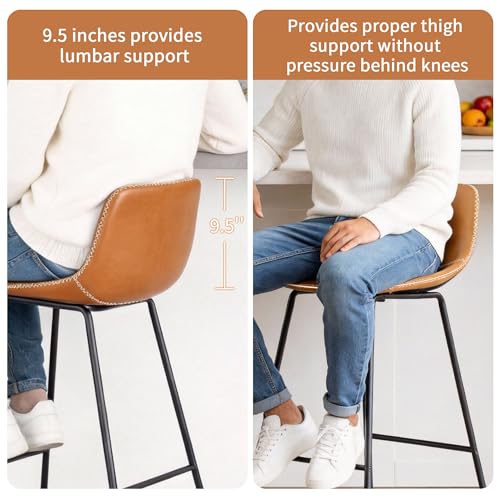 Image of HeuGah Whiskey Brown Bar Stools Set of 3, 26 Inch Counter Height Stools with Back for Kitchen Island, Faux Leather Upholstery, Metal Base