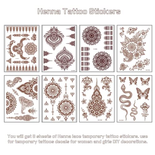Brown Henna Temporary Tattoo Stickers 8 Sheets Henna Stickers Exquisite Lace Flower Mandala Waterproof Fake Tattoos Stickers Flower Design For Women Girls Arm Legs Decor Party Decorations Body Art #TOP1
