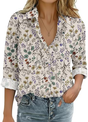 Zeagoo Womens Cotton Linen Button Down Shirts Loose Fit Long Slee...