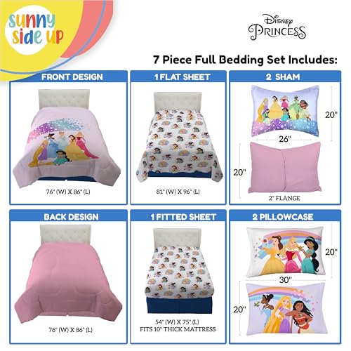 Image of Disney Princess Full Comforter Set - 7 Piece Kids Bedding Includes Comforter, Sheets & Pillow Cover - Super Soft Rainbow Stars Microfiber Bed Set