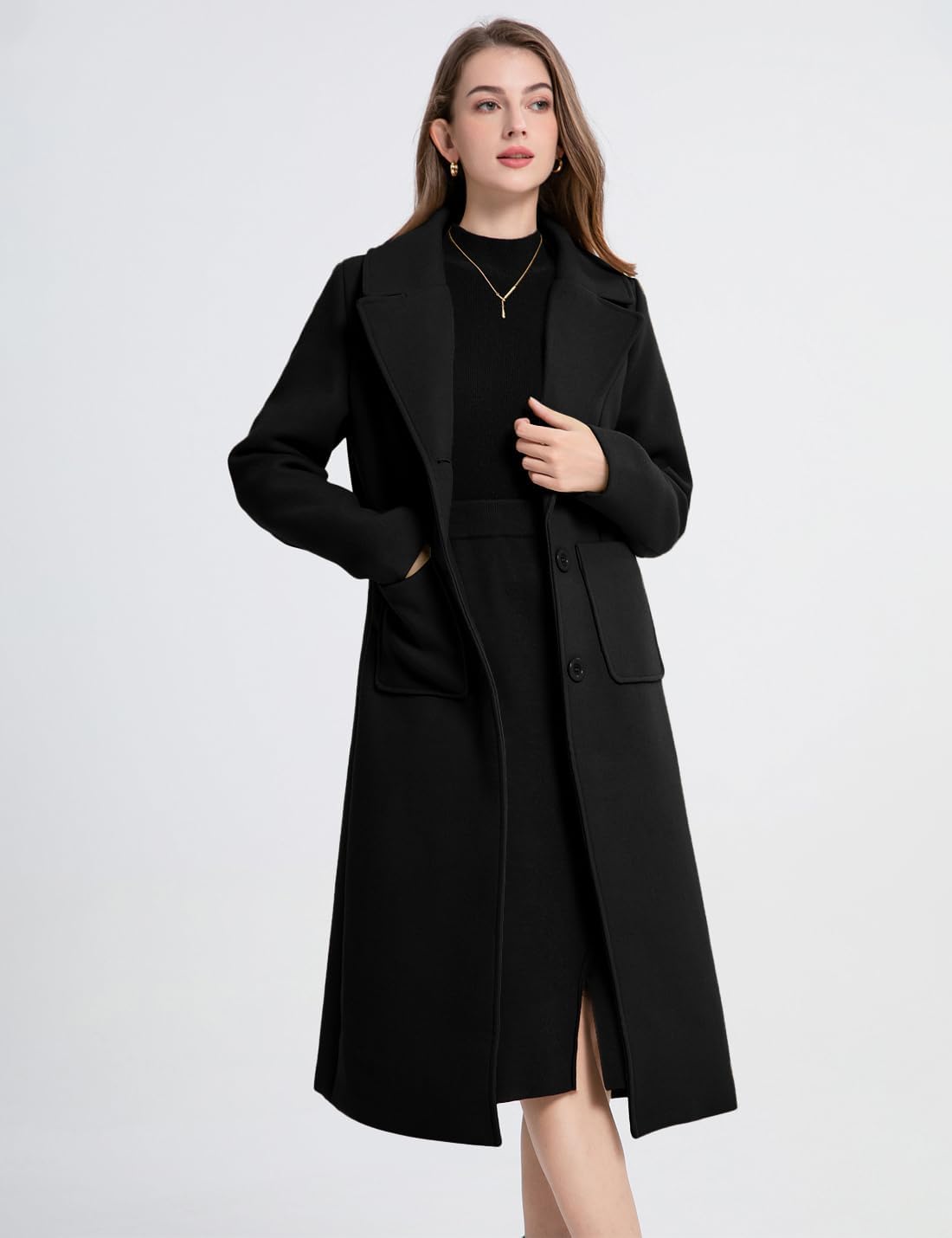 Nomwioke Women's Winter Casual Wool Blend Coat Notch Lapel Single Breasted Loose Mid Long Pea Coats Trench Jacket - Image 3