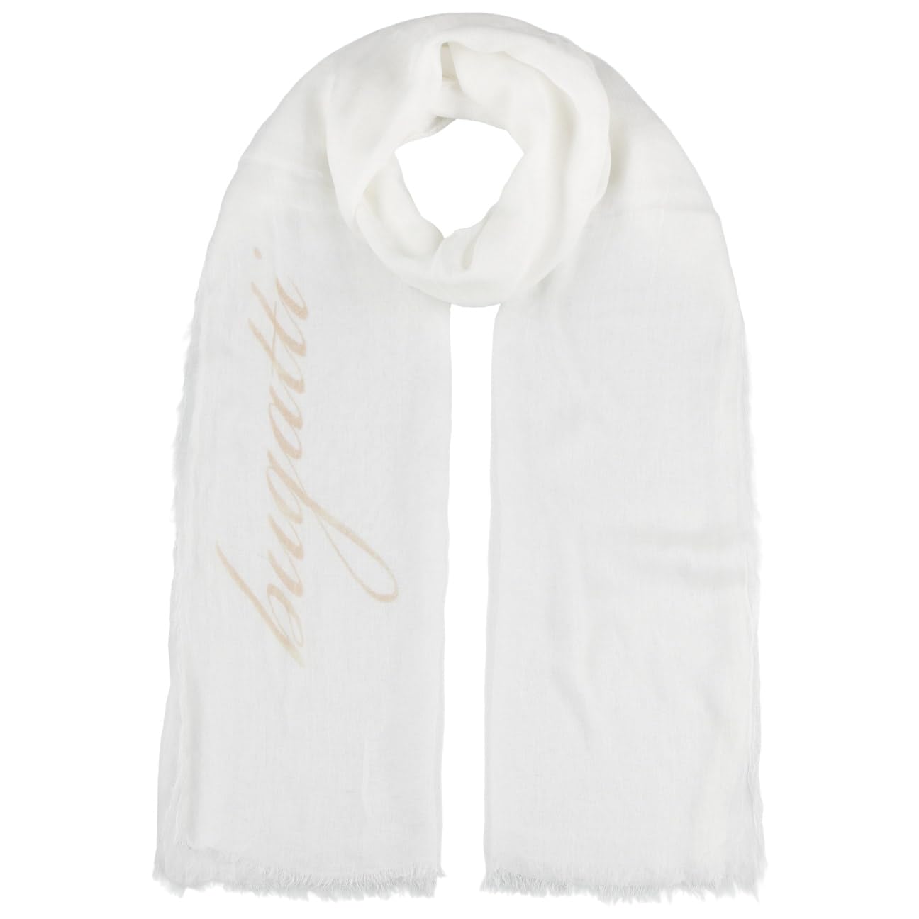 bugatti Wordmark Schal Herrenschal Damenschal Sommerschal Damen/Herren - mit Fransen Frühling-Sommer Frühjahr Sommer - One Size weiß
