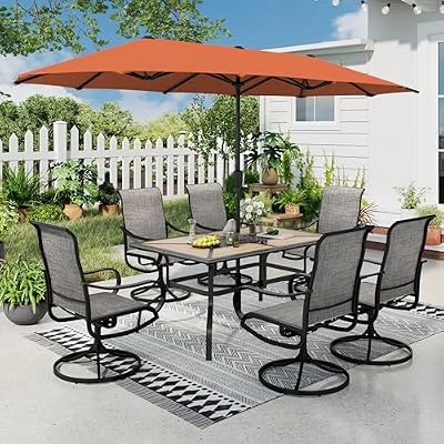 Sophia & William Patio Set with Umbrella Patio Dining Set for 6 with 13ft Rectangle Patio Umbrella Red, 6 x Patio Chairs Brown, 1 Wood Like Outdoor Dining Table with Umbrella Hole for Lawn Garden