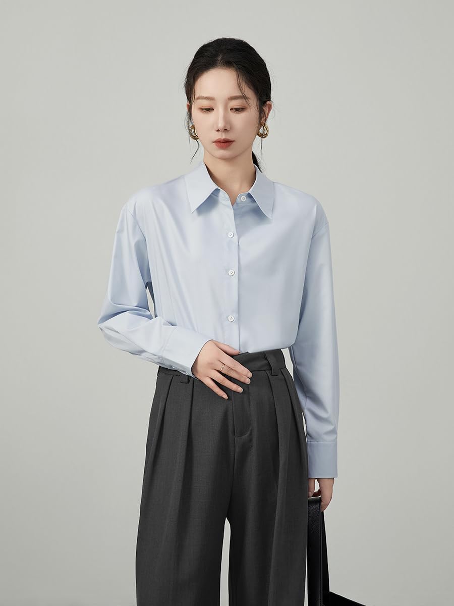 MAFSMJP Womens Button Down Shirt Loose Interview Formal Long Sleeve Lapel Work Office Blouses Tunic Tops for Women