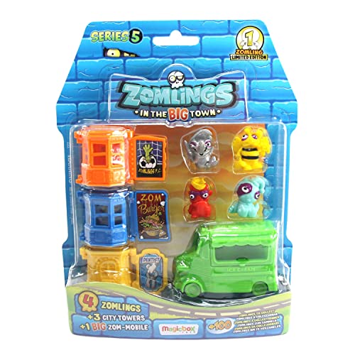 Magic Box Int. ZOMLINGS in the BIG Town Blister Pack Series 5 - 4 Zomlings, 3 torres de la ciudad y furgoneta móvil Zom