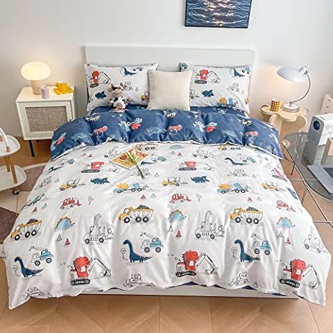 LAYENJOY Dinosaur Duvet Cover Set Twin Size, 100% Cotton Bedding, Cartoon Jurassic Animal Truck Construction Print on White, 1 Cute Comforter Cover with Zipper 2 Pillowcases for Kids Teens Boys Girls Cover