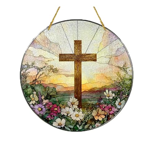 Stained Acrylic Window Hanging Suncatcher Cross-Shaped Wooden Frame Round Acrylic Panel Ornament Home Decor Colorful Gift for Women Men 7.8 in