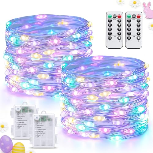JMEXSUSS 2 Pack Pastel Fairy Lights Battery Operated with Remote Total 200 LED 66ft Easter Lights Outdoor Waterproof 8 Modes Battery Powered Twinkle String Lights for Bedroom Indoor Easter Decor