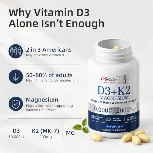 Alliwise D3 K2 Vitamin 10000 IU with Magnesium Glycinate Softgels,120 Count | K2 D3 Vitamin Supplement with Magnesium, High Potency Supports Calcium Absorption, Immune & Sleep Health,Gluten-Free - image 2