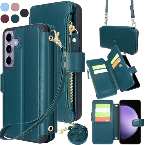Harryshell Crossbody for Samsung Galaxy S23 FE 5G Case Wallet [8 Card Slots] with [Theft-Scan Blocking],Cash Coin Zipper Pocket Long Shoulder & Wrist Strap for S23Fe (Teal)