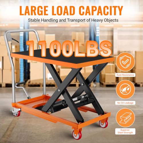 Carrello elevatore idraulico, capacità 500 kg, altezza di sollevamento 89,9 cm, tavolo sollevatore manuale a forbice con ruote di bloccaggio e cuscinetto antiscivolo per la movimentazione dei