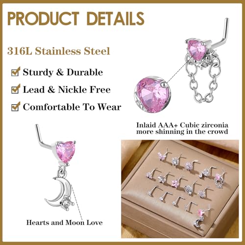 Nose Studs Piercing Jewellery for Women - 16Pcs L Shaped Butterfly/Love/Star/Petal Nose Rings Studs 316L Surgical Steel CZ Nose Screw Studs Body Jewellery for Women2