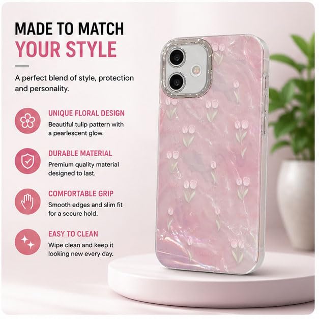 Image of mobistyle Designed for iPhone 11 | Camera Lens Protection |Tulip Flower Pattern Print Design TPU+PC for Women Teen Girls Phone Back Cover Case (Tulip Pink)