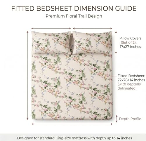 Image of VAS COLLECTIONS King Size Cotton Fitted Bedsheet (78 x 72 + 14 Inches) with Deep Pocket | 220 TC Soft Breathable Wrinkle Free Elastic Bed Sheet for King Mattress | (Floral)