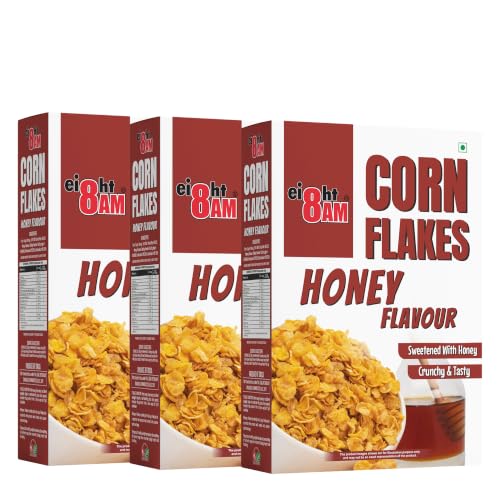 Image of 8AM Corn Flakes Honey 300 Gram (Pack Of 3), Golden Corns & Honey, No Cholesterol, Trans Fat, Artificial Additives, Iron & Calcium, Crunchy & Nutritious Whole Grain Breakfast Cereal