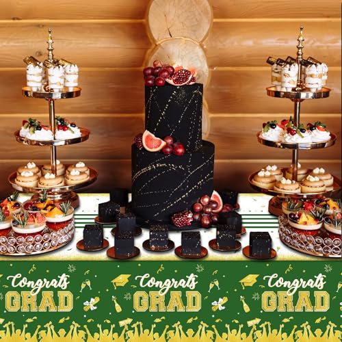 Image of chiazllta Set of 3 Graduation Tablecloths Class of 2026 Congrats Grad Green Graduation Party Tablecover Decorations Party Supplies Large Size Plastic 54 inchx108 inch(Green & Gold)