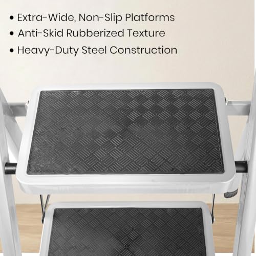 Image of Casa Copenhagen White 7 Step Ladder for Home Use with Built-in Tool Tray | Heavy Duty D Shape Rods | Ultra Large Platform | Wide Rubber Feet | 150Kg Capacity Foldable Ladder - 7 Years Warranty