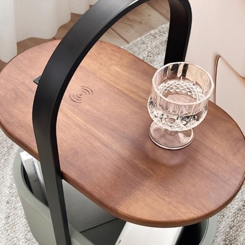 Elegante lámpara de pie con estantes de madera maciza y luz regulable en gris 6