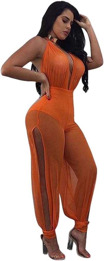 Star Han Women Deep V-Neck Backless Sexy Mesh See Through Bandage Side Slit Jumpsuit (Large, Orange)