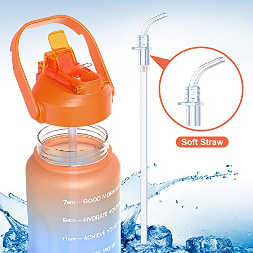 Aiquar Half Gallon/64Oz Water Bottle With Straw & Time Marker, Motivational Water Bottle With Handle, Leakproof, Water Jug, Bpa Free Tritan, For Outdoor, Fitness (Orange Blue) #TOP5