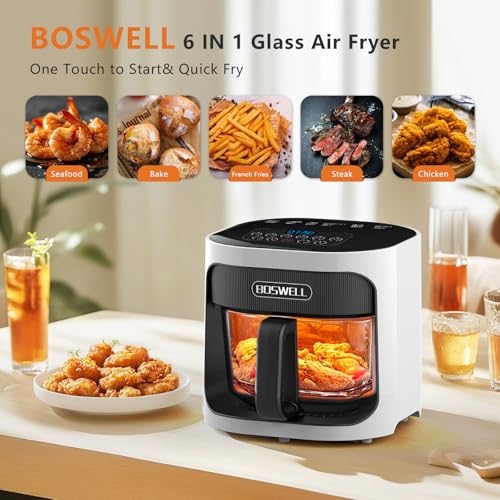 BOSWELL |5QT Glass Air Fryer - White | Circulating Air for Crispy Results | 6-in-1 with Transparent Bowl | Temperature C