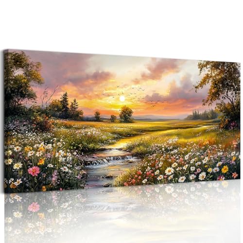 crmotu Country Landscape Wall Art, Riverside Wildflower Daisy Large Artwork, Vibrant Rural Canvas Art Prints, Sunset Aesthetic Rustic Farmhouse Wall Decor Living Room Bedroom Dining Room 24X48 In