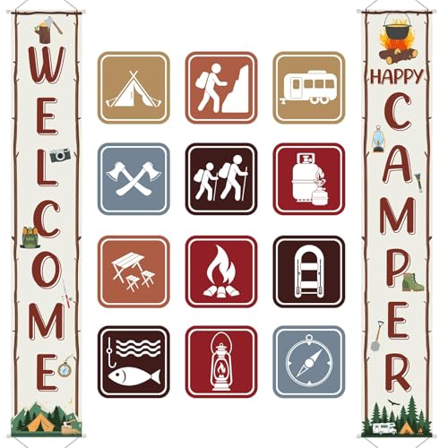 Image of 14Pcs Camping Party Decorations Set Welcome Happy Camper Porch Banner Sign Summer Camp Sign Cutouts Birthday Party Favors Camping Theme Birthday Decorations Hanging Supplies for Campfire Decor