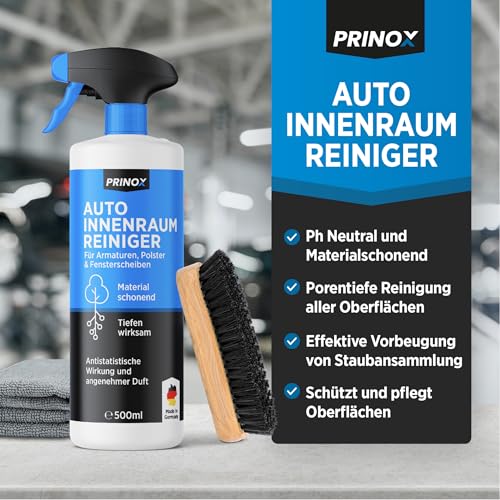 PRINOX Profi Auto Innenraum Reiniger Set 500ml - Cockpitpflege für die Innen Reinigung von Kunststoff, Polster, Leder & Armaturen - Autopflege Innenraumreiniger mit Bürste - Cockpit Reiniger