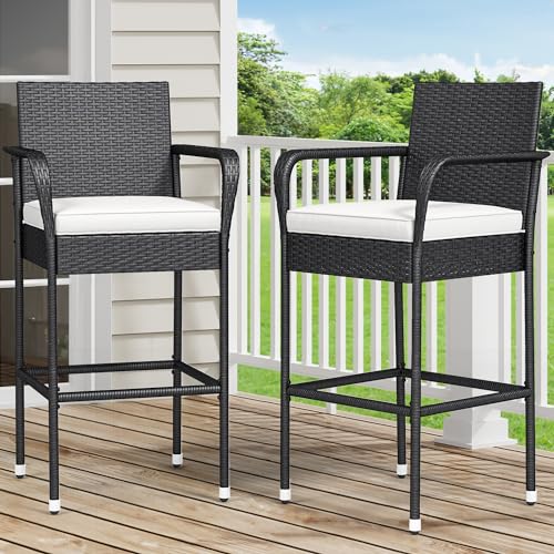 YITAHOME Outdoor Wicker Bar Stools Set of 2, Patio Wicker Counter Stools with Armrest & Backrest, Outdoor Bar Height Chairs with Soft Cushions for Backyard Pool Garden Deck, Black