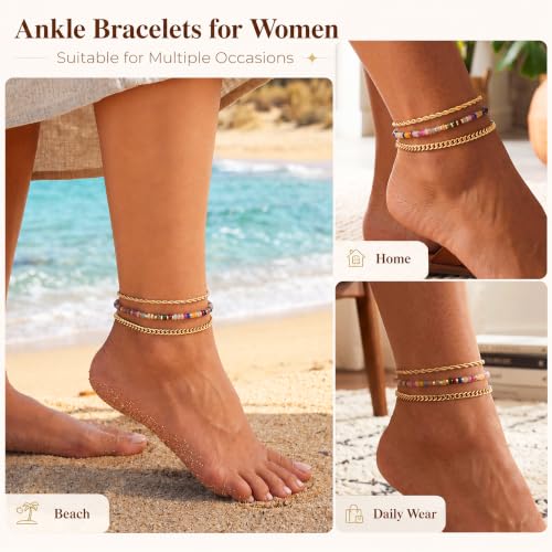 Image of iF YOU Gold Ankle Bracelets for Women, 14k Gold Plated Waterproof Cuban Link Chain Anklets Set, Layered Anklet Bracelets for Women Beach Gift Adjustable Size 5pcs