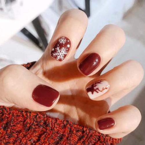 Geroki Christmas Elk Press on Nail Red Short Fake Nails Full Cover Acrylic False Nails for Women and Girls