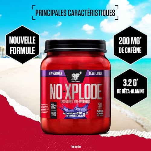 BSN Nutrition N.O.-Xplode Complément alimentaire Pre Workout en poudre, maintient l'énergie et la concentration avec caféine, acides aminés, vitamine C et zinc, goût Purple Power, 50 portions, 650 g – Image 3