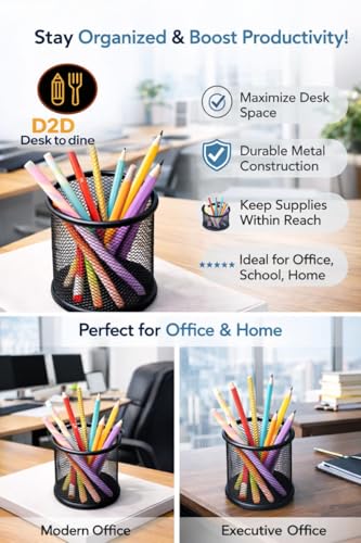 Image of Black Round Mesh Pen Stand - Pencil & Pen Holder for Desk | Multipurpose Stationary Organizer Cup for Office, Home & Study Table | Makeup Brush Holder