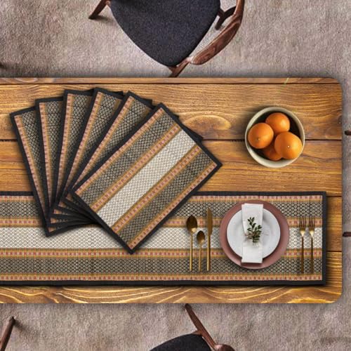 Image of Handmade River Grass Dining Table Mats Set of 6 Pieces & Runner | Heat Resistant Korai Grass Dining Mats | Natural Eco Friendly Madurkathi Placemats for Dining Table | Royal Tablemats