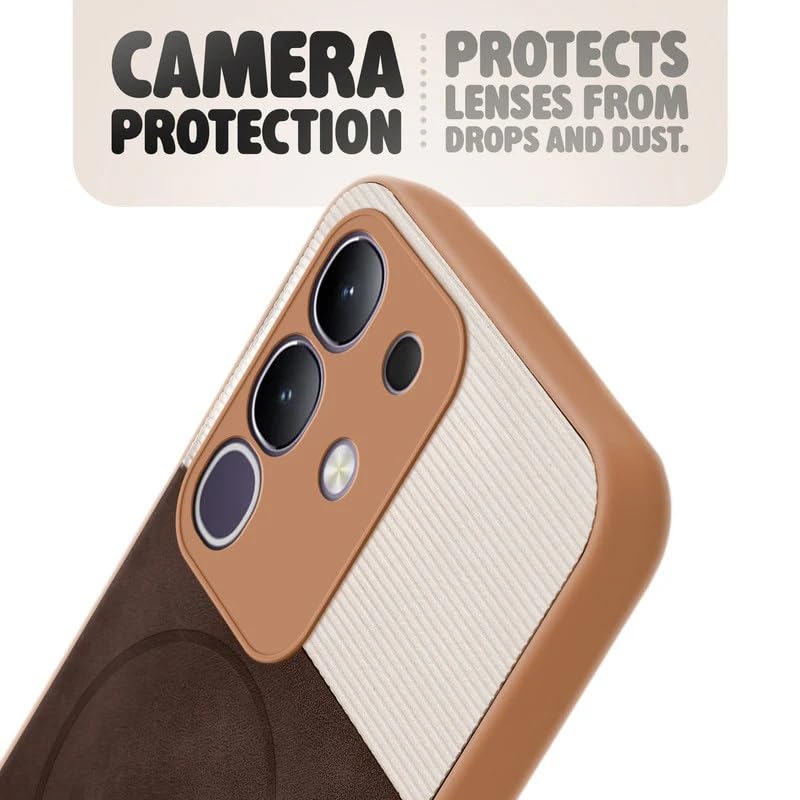 Image of Bintage case Dual-Leather Macc-Safe Design Phone Case| Soft Touch Finish | Full Camera Protectection Back Cover Compatible for iQOO I2404 / Z10x 5G - White & Choco Brown