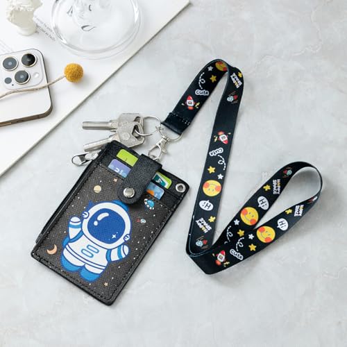 Image of ID Badge Holder with Lanyard,Cute Astronaut Work Badge with Zippered Pocket,Functional 2-Sided ID Card Wallet with 3 Slots and Detachable Keychain for Teacher Student Nurse and Office Staff