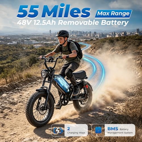 Image of Jasion YR16 Electric Bike for Adults Teens, Peak 2000W Electric Bicycle, 48V 12.5AH Battery Dirt Bike,55 Miles Moped EBike with Dual Suspension, 16 inch Fat Tire Fit Teenagers & Adults-Black