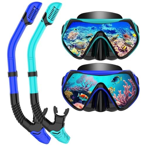 Schnorchelset Erwachsene, Schnorcheln Set mit Anti-Fog Taucherbrille und Dry Schnorchel, Professionelle Schnorchelmaske Tauchmaske aus Gehärtetem Glas für Schnorcheln (Blue+Green)